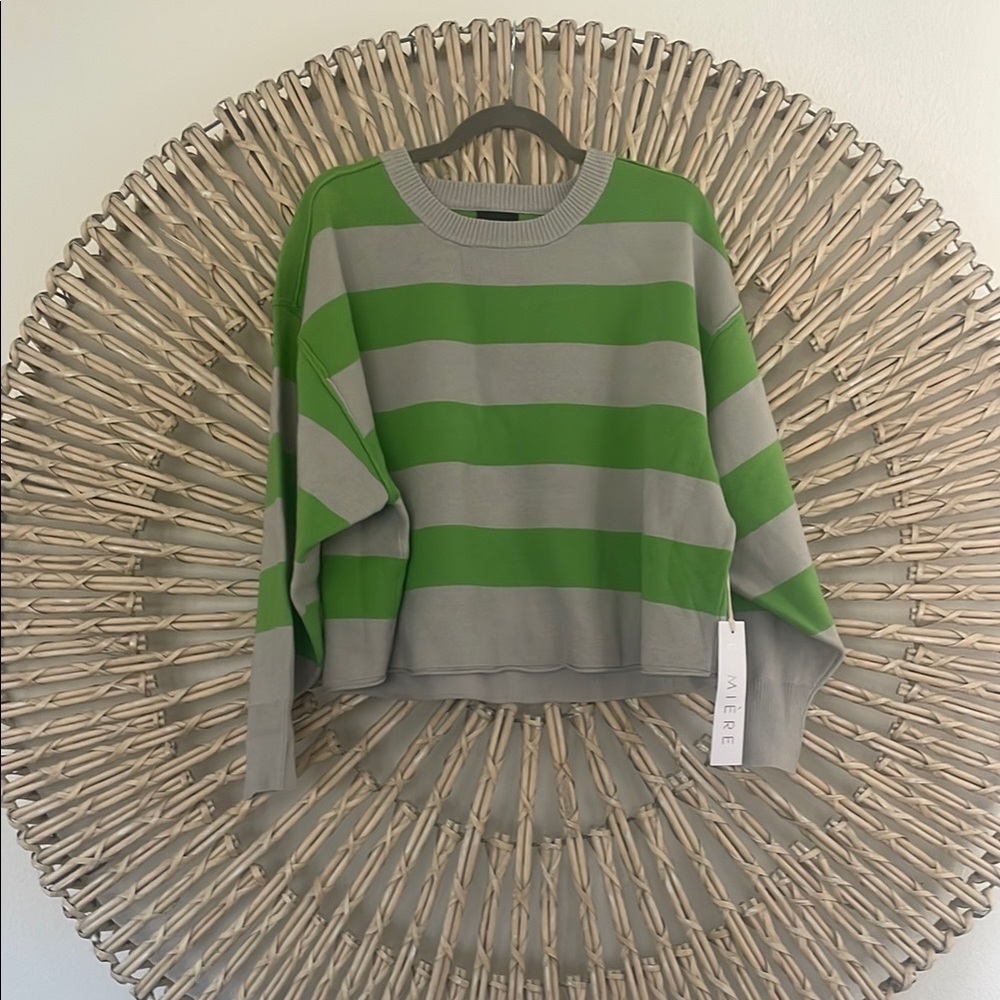 Green and Gray Crew Neck Striped Sweater